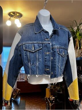Levi's Blue Denim Cropped Jean Jacket with White & Yellow Panels